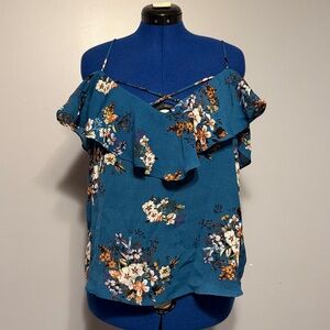 Sweet Rain Blue Floral Cold Shoulder Ruffle Blouse XL